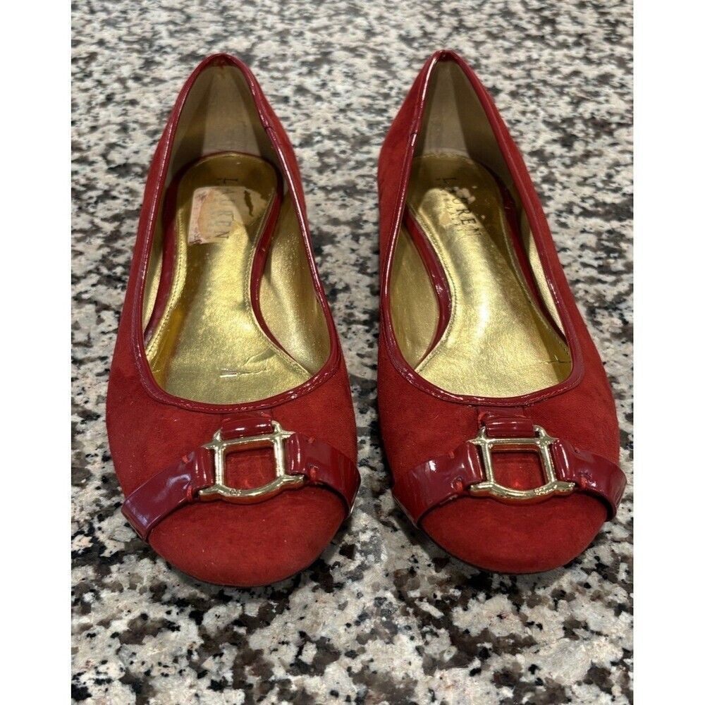 Lauren Ralph Lauren Red Suede Flat Shoes With Buckle Accent Women's Size 8.5B